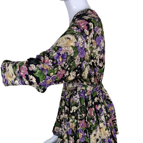 Vintage 90s Basics Floral Maxi Dress Large Long Sleeve Floral Print Purple Cream - Picture 7 of 10